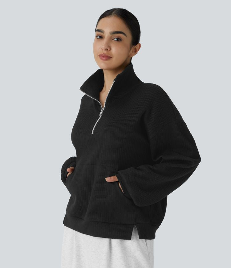 Half-Zip Black Pullover | Cotton Blend | Relaxed and Versatile