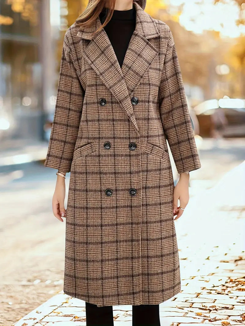 Plaid Double-Breasted Wool Coat | Classic Check Pattern | Tailored Fit | Timeless Elegance