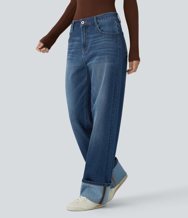 High-Waisted Wide-Leg Jeans | Medium Blue | Rolled Hem Style