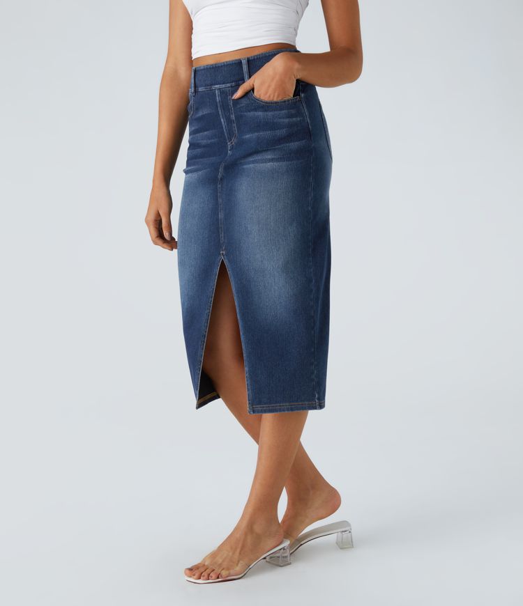 High-Waisted Denim Pencil Skirt with Front Slit | Stretch Denim | Chic and Flattering