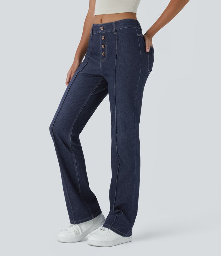 High-Waisted Button-Fly Jeans | Dark Wash Denim | Flared Leg | Retro-Inspired Style