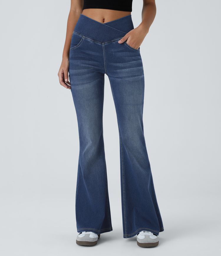 High-Waisted Crossover Flare Jeans | Stretch Denim | Retro and Flattering