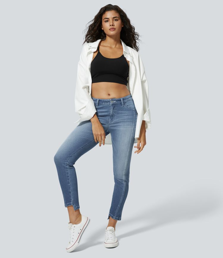 High-Waisted Skinny Jeans with Asymmetrical Hem | Stretch Denim | Modern and Trendy