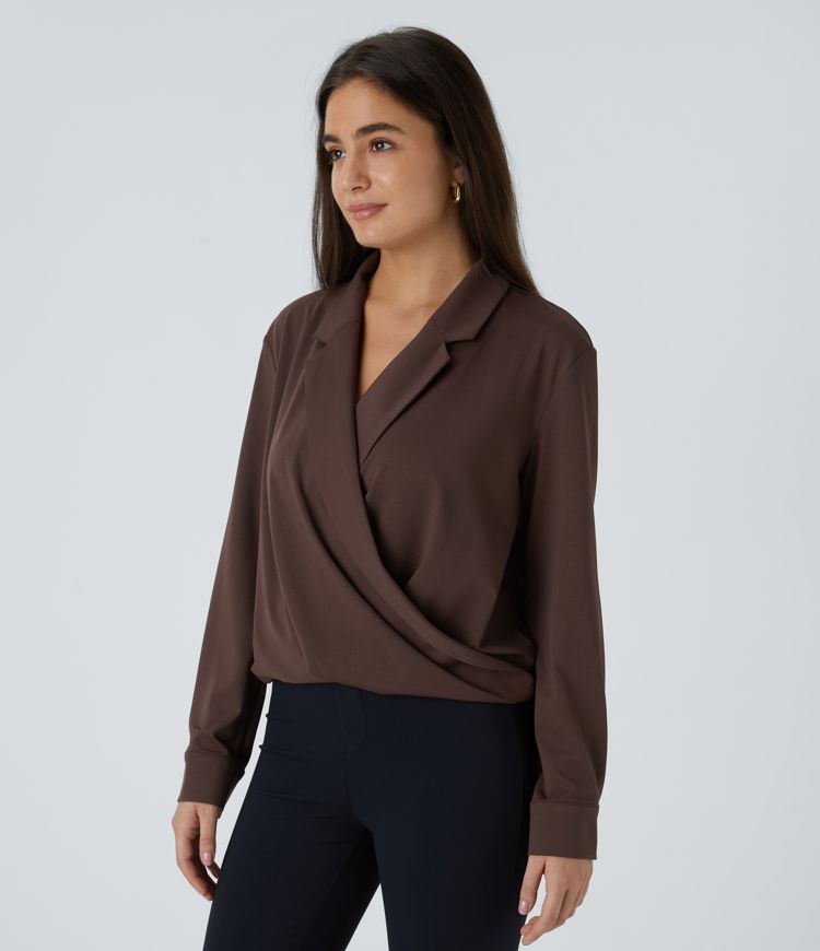 Draped Wrap Blouse | Long Sleeves | Soft Stretch Fabric | Effortless Elegance