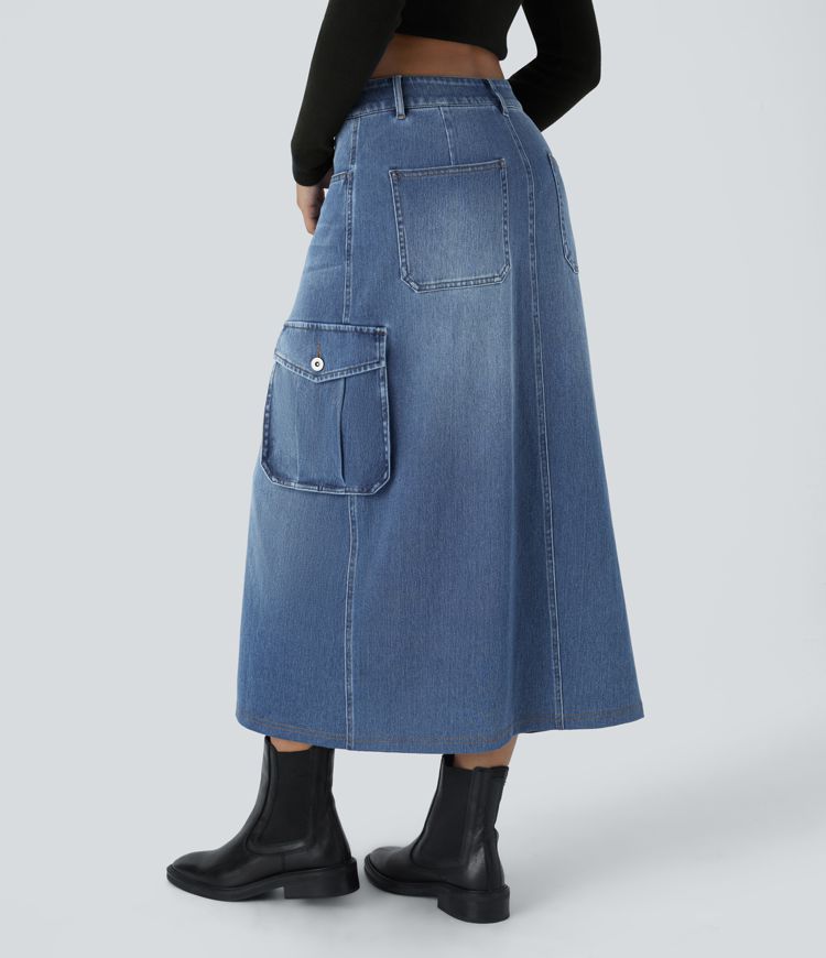 High-Waisted Denim Midi Skirt | Utility Pockets & Side Slit | Light Wash | Casual-Chic Style