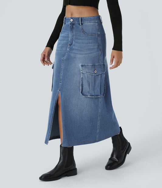 High-Waisted Denim Midi Skirt | Utility Pockets & Side Slit | Light Wash | Casual-Chic Style