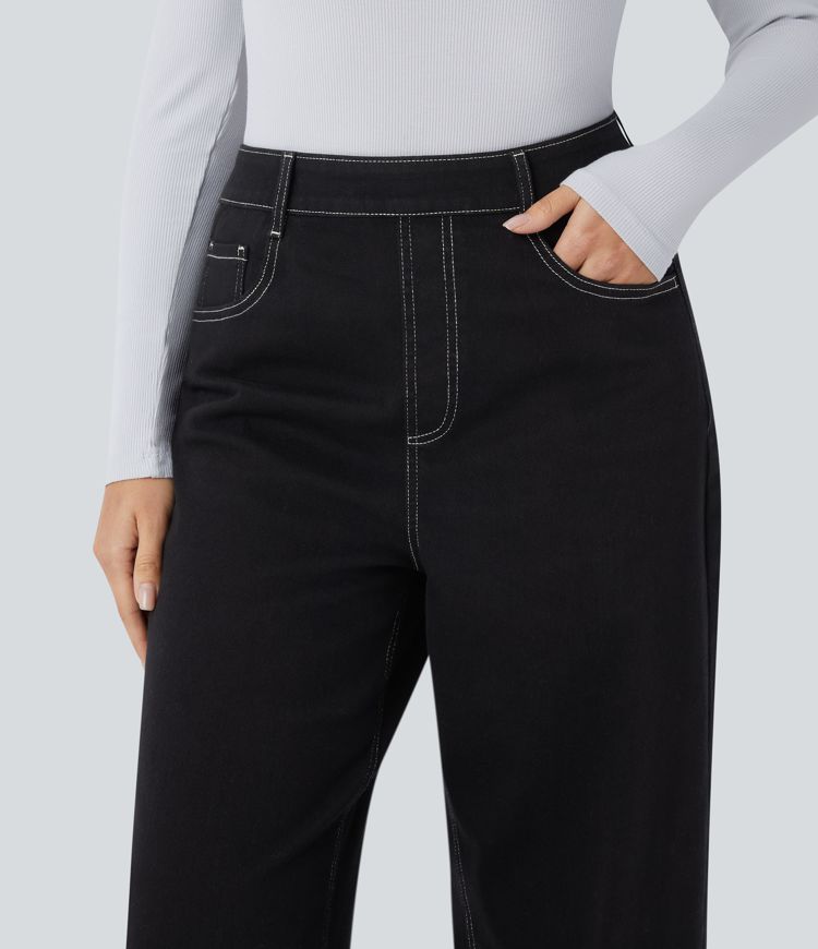 High-Waisted Wide-Leg Black Jeans | Contrast Stitching | Relaxed and Stylish