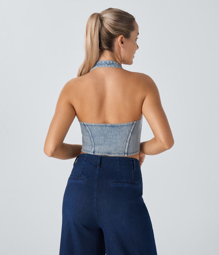 Halter Denim-Look Crop Top | Stretch Cotton Blend | Back Tie Detail | Trendy Summer Style