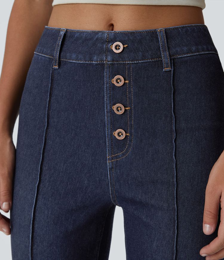 High-Waisted Button-Fly Jeans | Dark Wash Denim | Flared Leg | Retro-Inspired Style