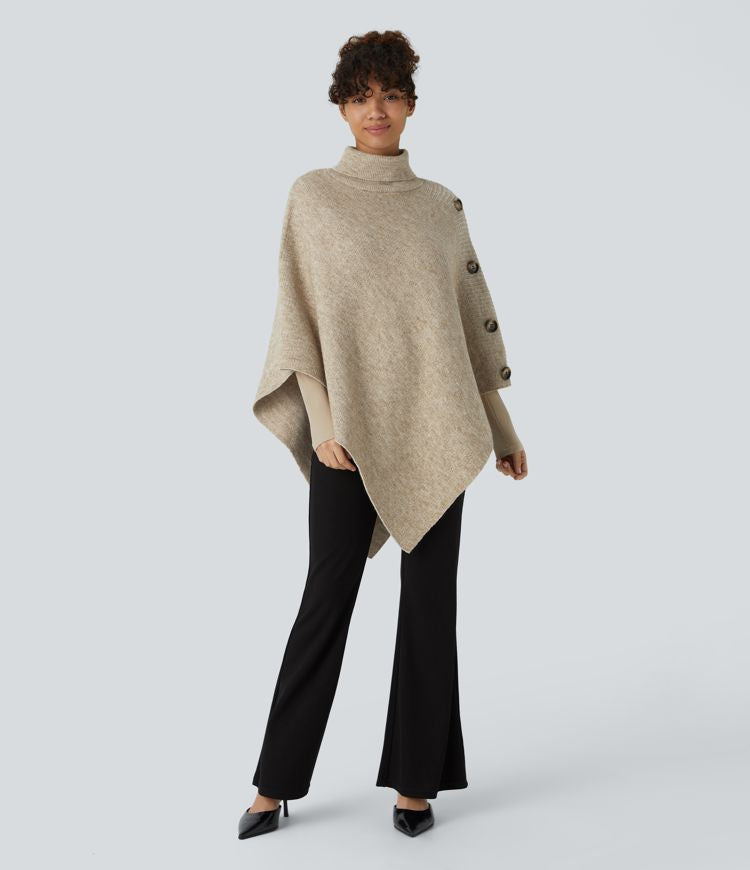 Asymmetric Knit Poncho with Button Details | Beige | Cozy and Chic