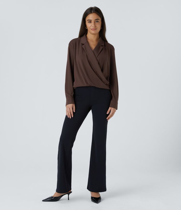 Draped Wrap Blouse | Long Sleeves | Soft Stretch Fabric | Effortless Elegance