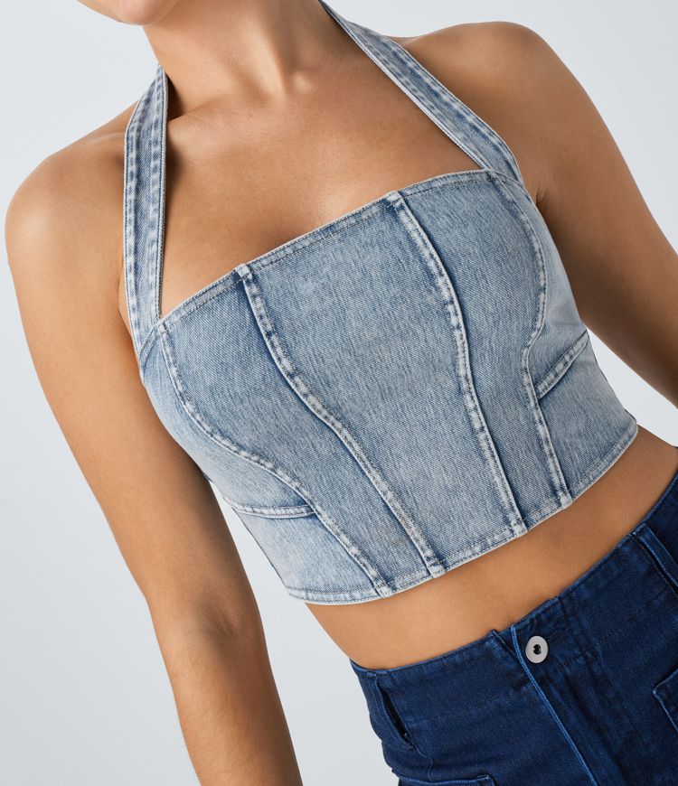 Halter Denim-Look Crop Top | Stretch Cotton Blend | Back Tie Detail | Trendy Summer Style