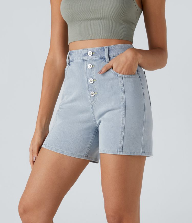 High-Waisted Denim Shorts | Light Blue | Button-Front Style