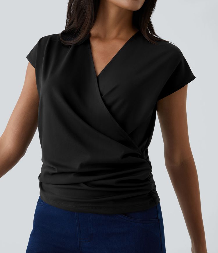 Draped Wrap V-Neck Top | Elegant Fit | Soft Stretch Fabric | Versatile Style