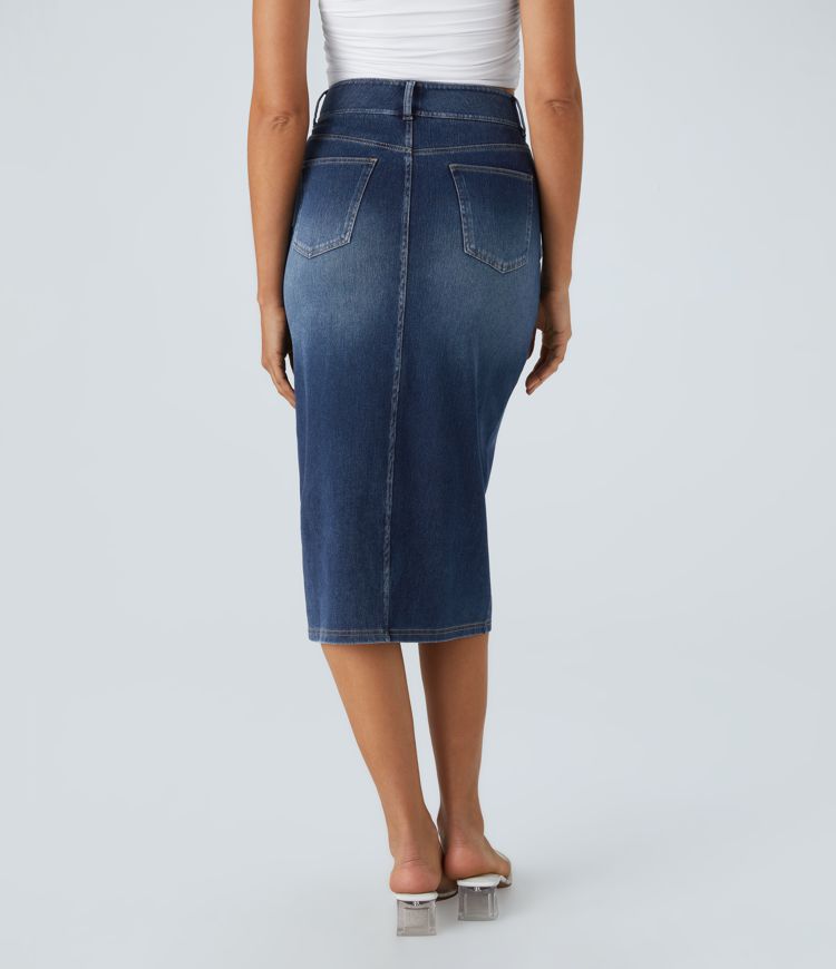 High-Waisted Denim Pencil Skirt with Front Slit | Stretch Denim | Chic and Flattering