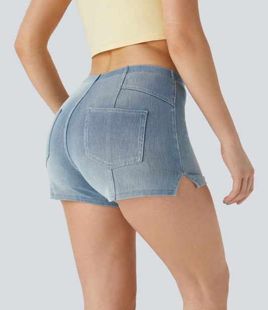 High-Waisted Cheeky Denim Shorts with Side Slits | Stretch Cotton | Bold and Playful