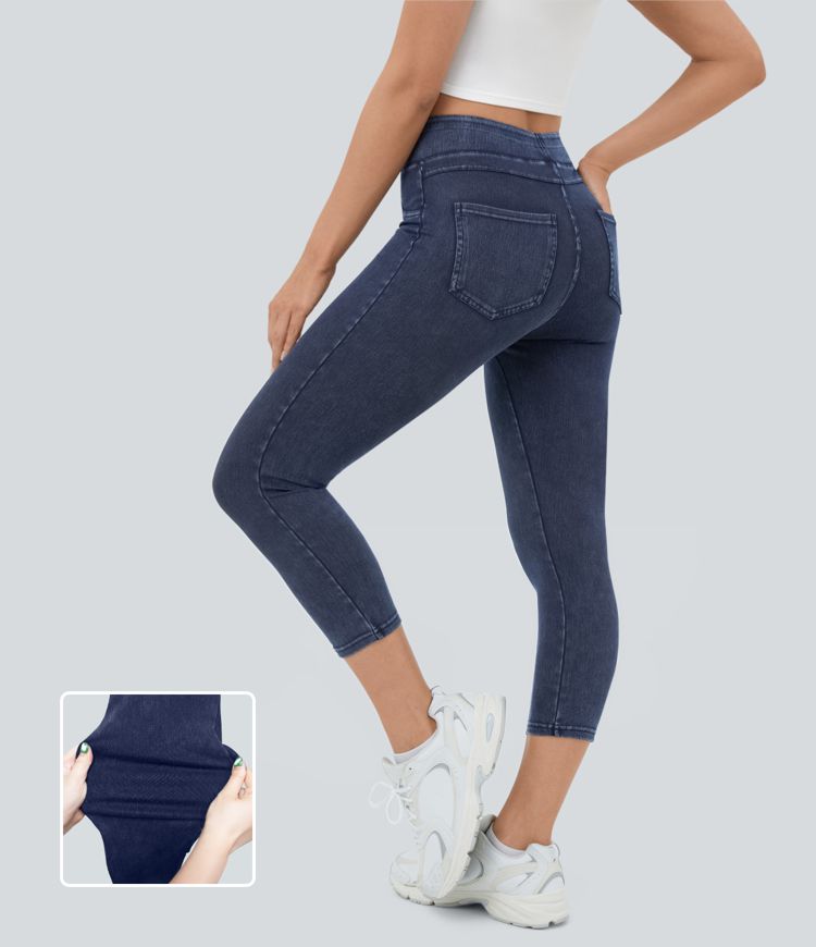 High-Waisted Cropped Jeggings | Faux Denim | Dark Blue