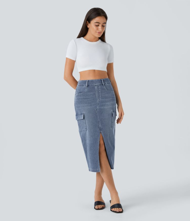 High-Waisted Denim Cargo Skirt | Light Wash | Side Slit & Pocket Details | Casual Utility Style