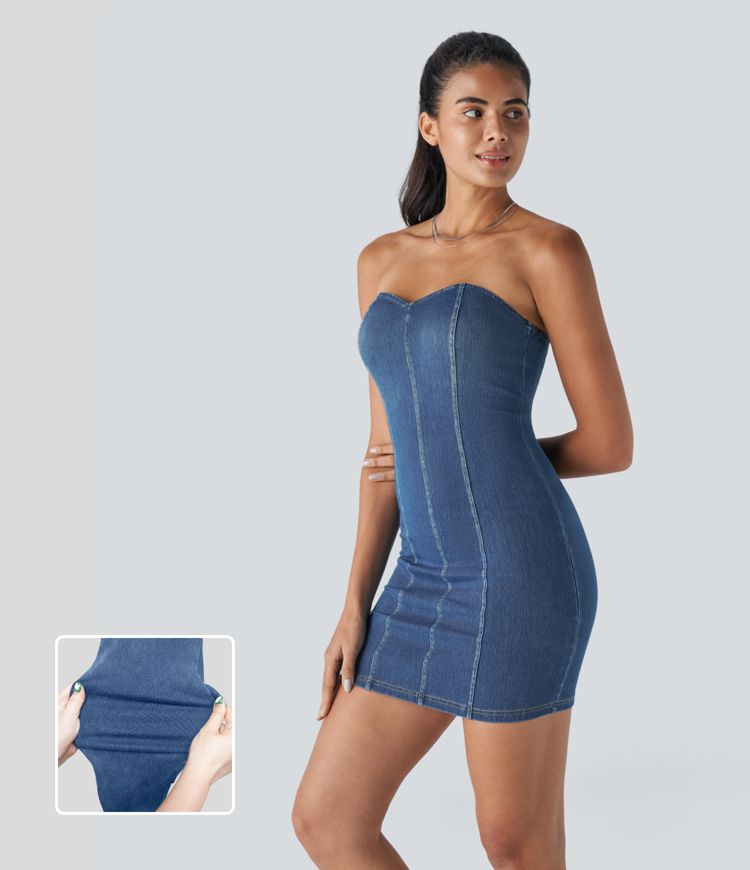 Strapless Denim Mini Dress | Sweetheart Neckline | Stretch Fit