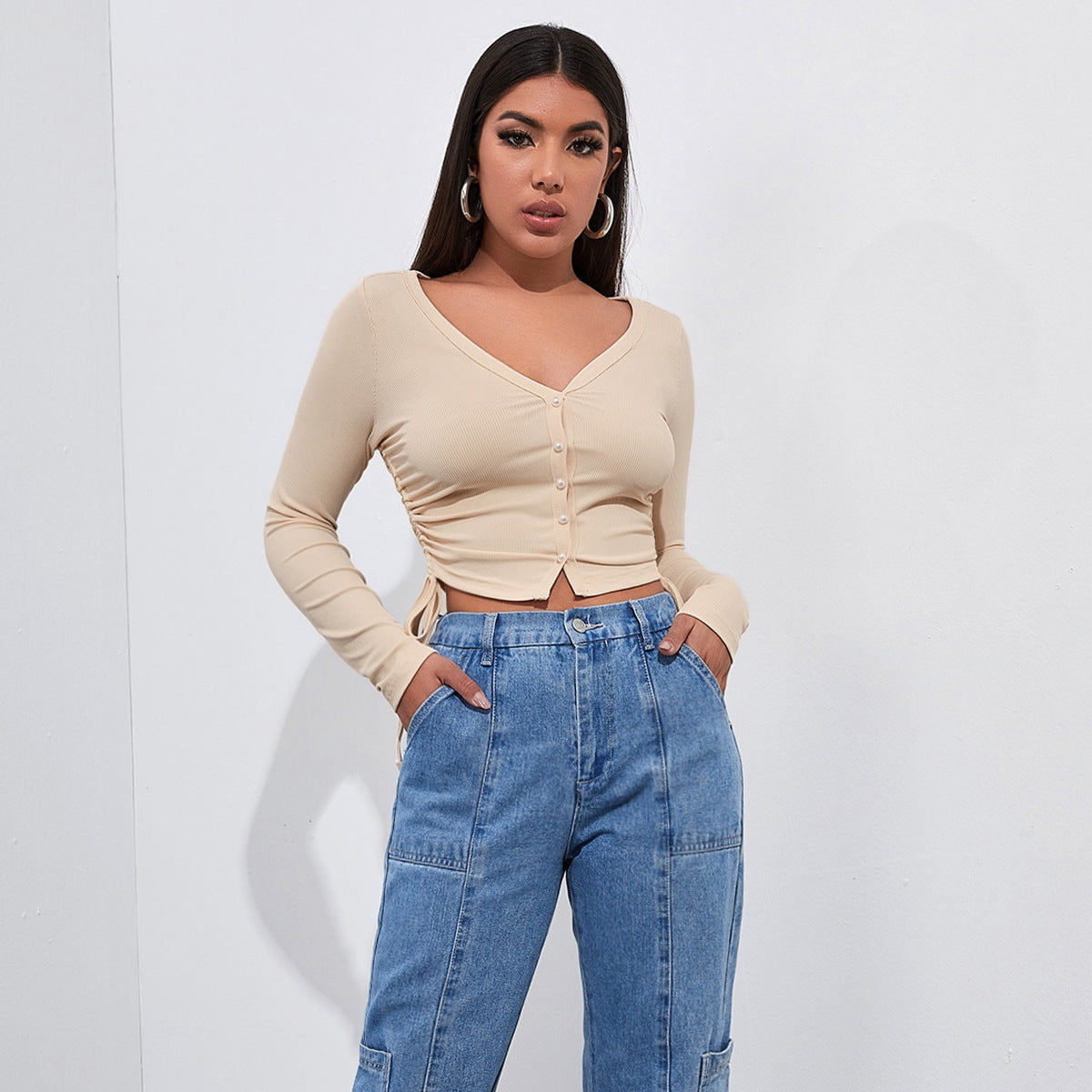 Ruched Long-Sleeve Crop Top | Adjustable Fit | Trendy Style