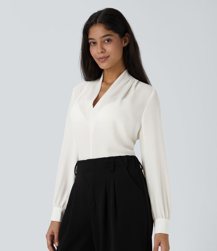 Classic V-Neck Long Sleeve Blouse | Tailored Fit | Lightweight Fabric | Office Chic