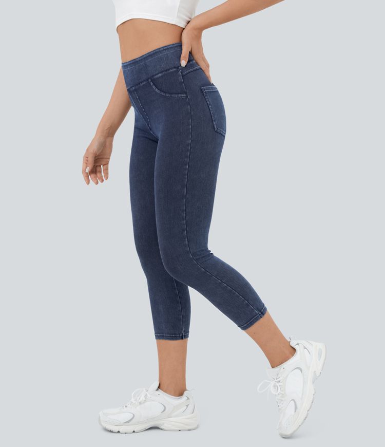 High-Waisted Cropped Jeggings | Faux Denim | Dark Blue