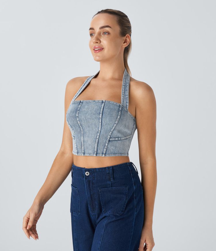 Halter Denim-Look Crop Top | Stretch Cotton Blend | Back Tie Detail | Trendy Summer Style