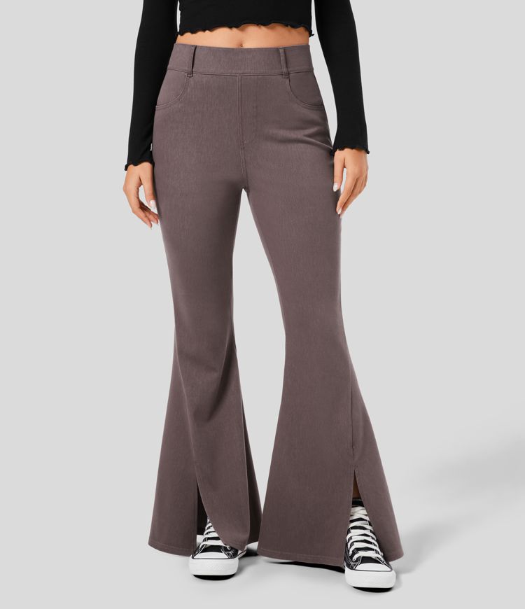 High-Waisted Flared Pants | Slit Hem | Stretch Comfort