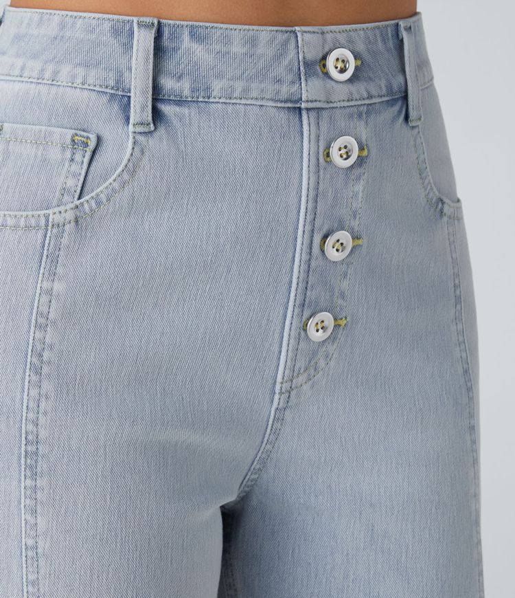 High-Waisted Denim Shorts | Light Blue | Button-Front Style