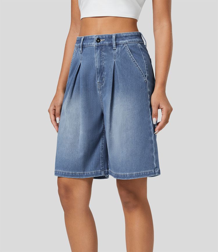 Knee-Length Pleated Denim Shorts | High-Waisted | Relaxed Fit