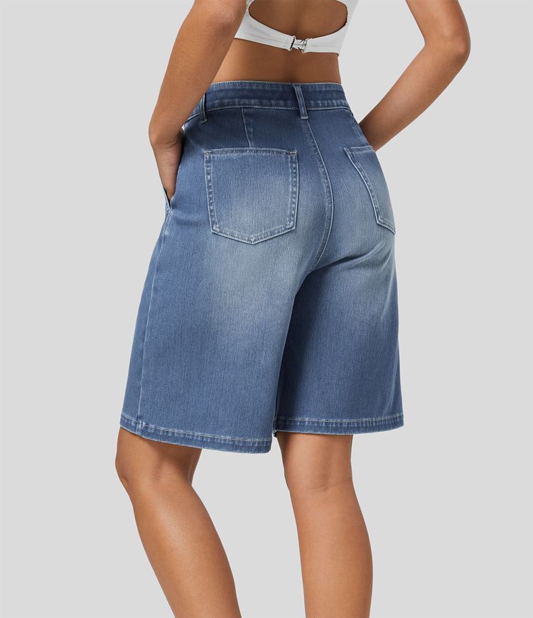 Knee-Length Pleated Denim Shorts | High-Waisted | Relaxed Fit