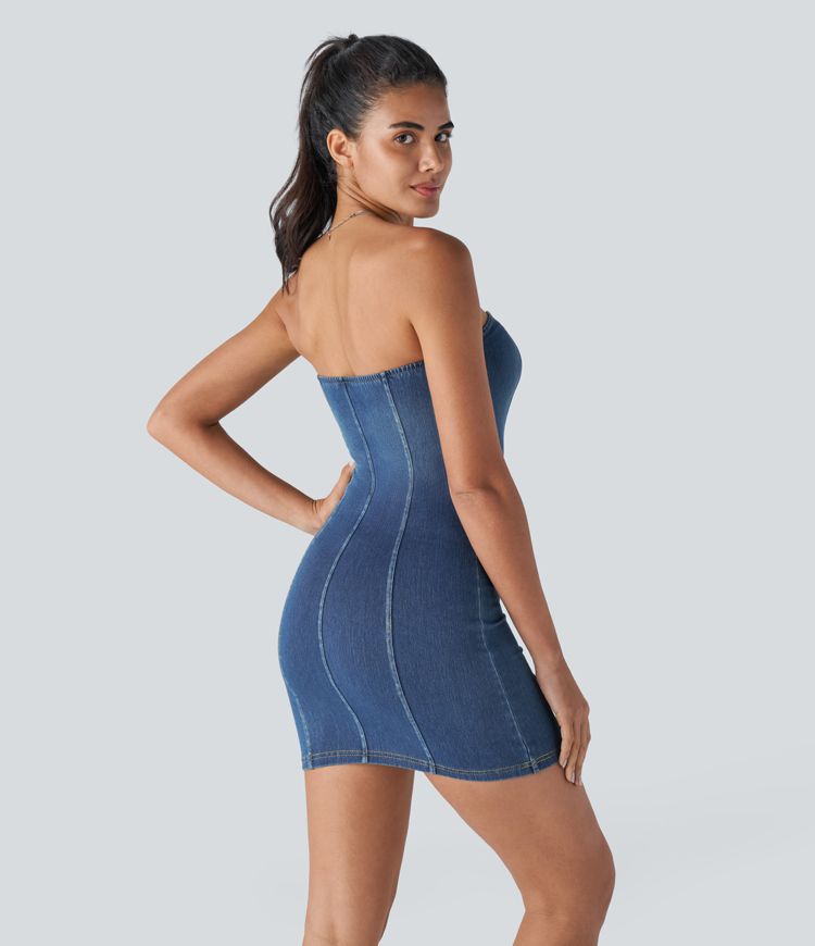 Strapless Denim Mini Dress | Sweetheart Neckline | Stretch Fit