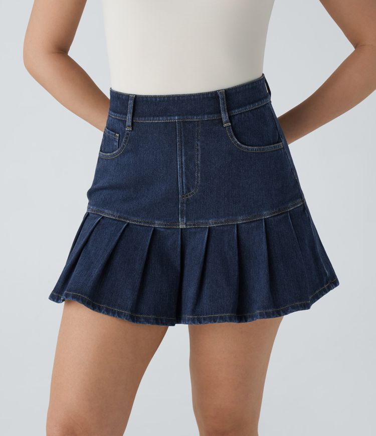 High-Waisted Pleated Denim Mini Skirt | Stretch Cotton | Feminine and Playful