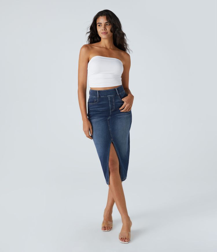 High-Waisted Denim Pencil Skirt with Front Slit | Stretch Denim | Chic and Flattering