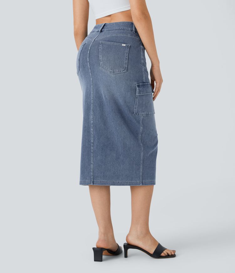 High-Waisted Denim Cargo Skirt | Light Wash | Side Slit & Pocket Details | Casual Utility Style