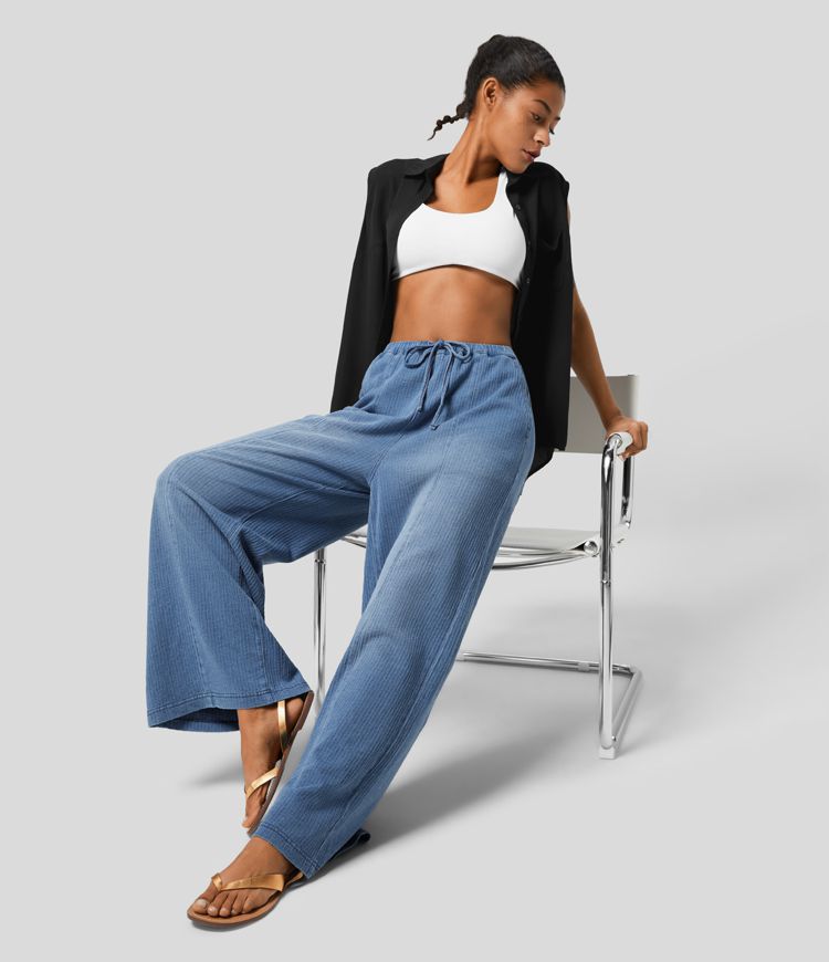 Wide-Leg Drawstring Pants | Cotton Denim | Lightweight and Relaxed