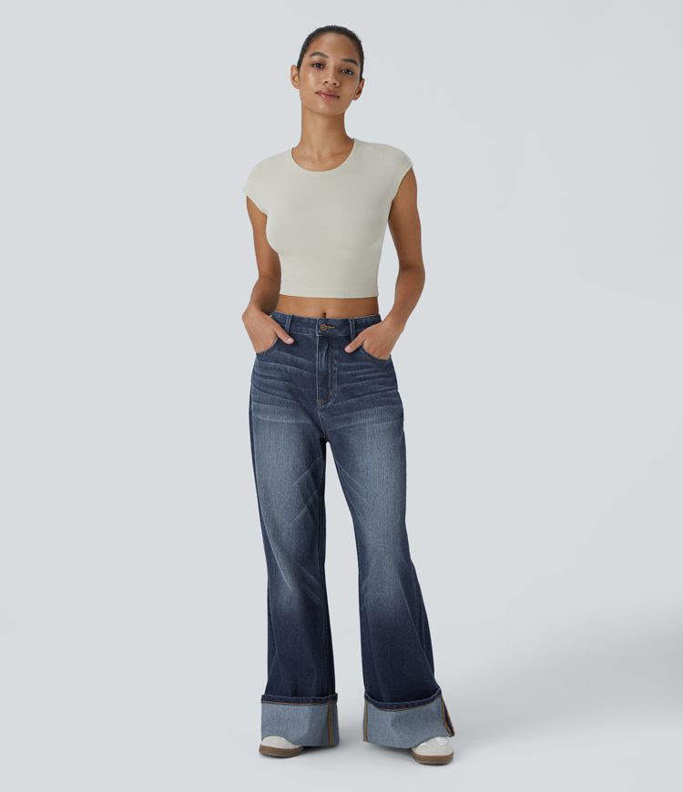 Wide-Leg High-Waisted Jeans with Cuffed Hem | Dark Wash Denim | Retro-Inspired Style