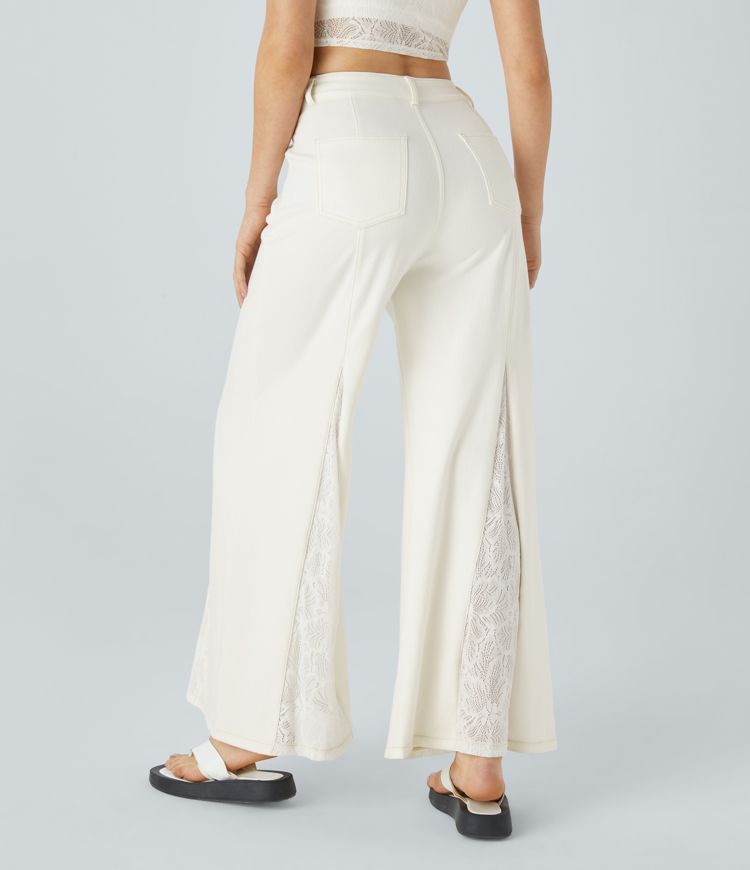 High-Waisted Wide-Leg Pants | White with Lace Panels | Lightweight and Chic