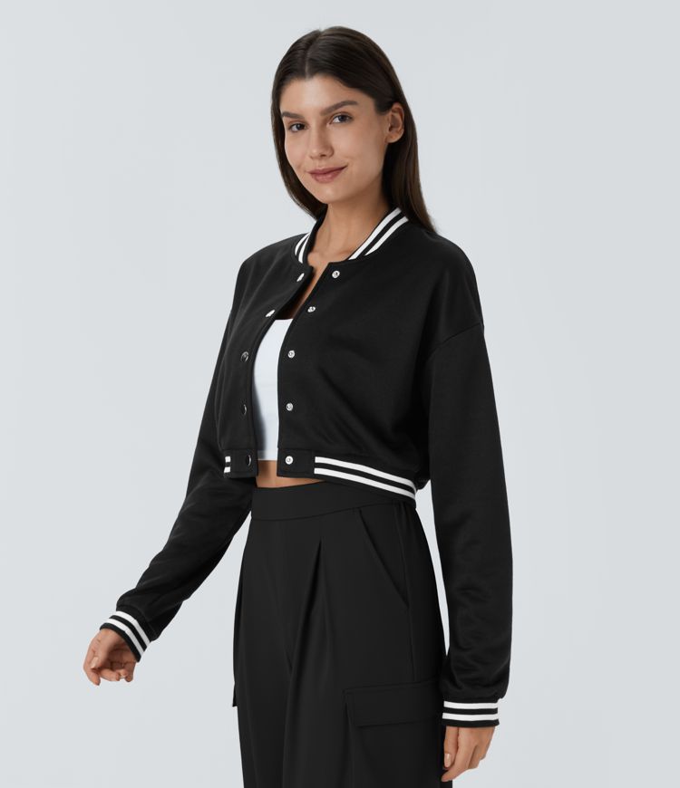 Cropped Varsity Jacket | Black | Sporty and Stylish