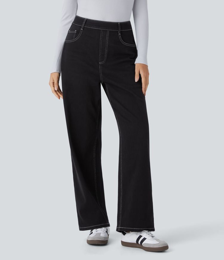 High-Waisted Wide-Leg Black Jeans | Contrast Stitching | Relaxed and Stylish