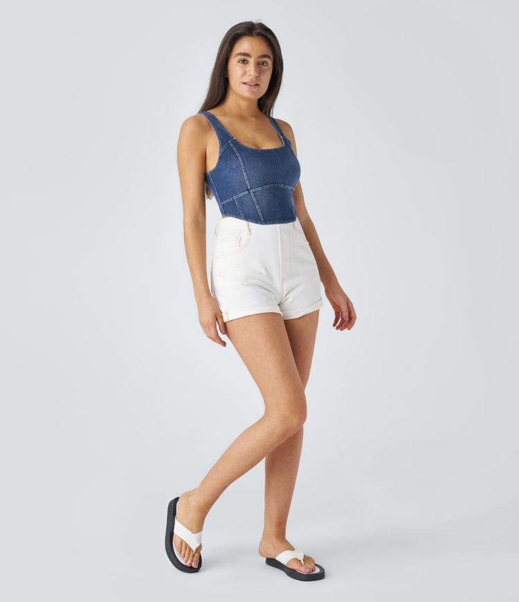 Denim-Look Crop Top | Stretch Cotton Blend | Square Neckline | Casual Summer Style