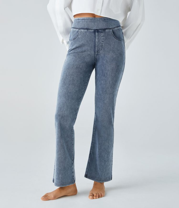 High-Waisted Washed Straight-Leg Jeans | Stretch Denim | Vintage Style