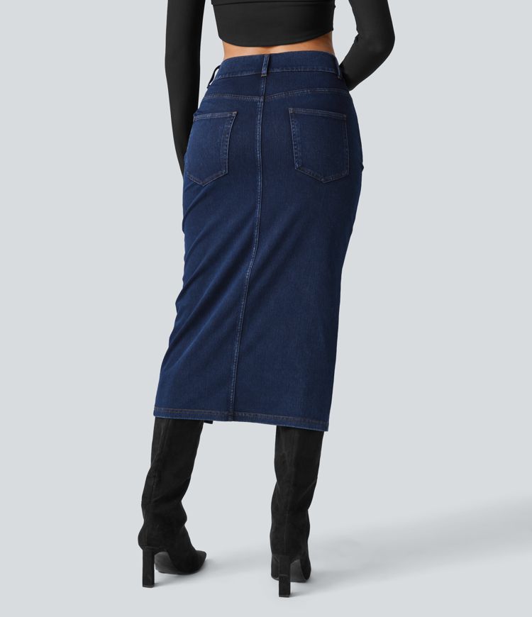 High-Waisted Denim Midi Skirt with Side Slit | Stretch Denim | Elegant and Versatile