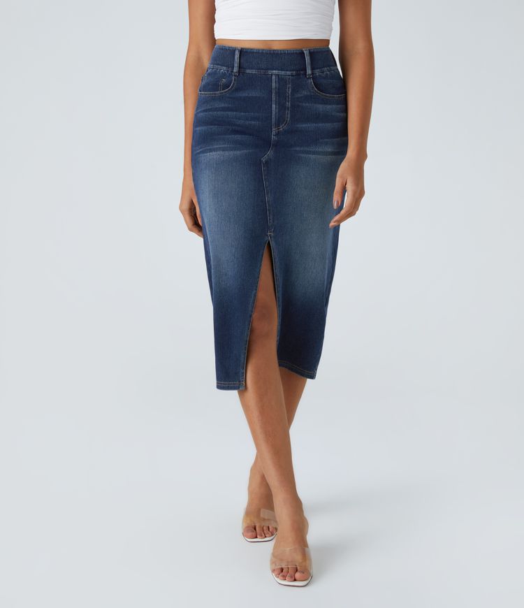 High-Waisted Denim Pencil Skirt with Front Slit | Stretch Denim | Chic and Flattering