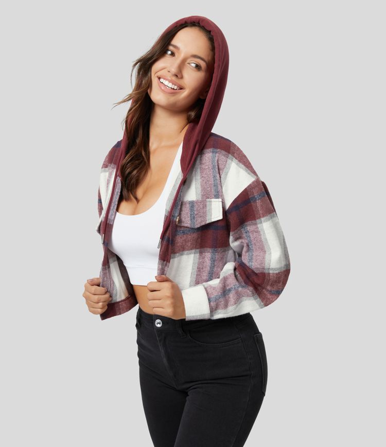 Cropped Plaid Hoodie Jacket | Medium-Warm Fleece | Trendy and Comfortable