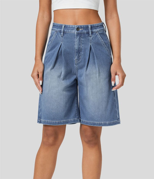 Knee-Length Pleated Denim Shorts | High-Waisted | Relaxed Fit