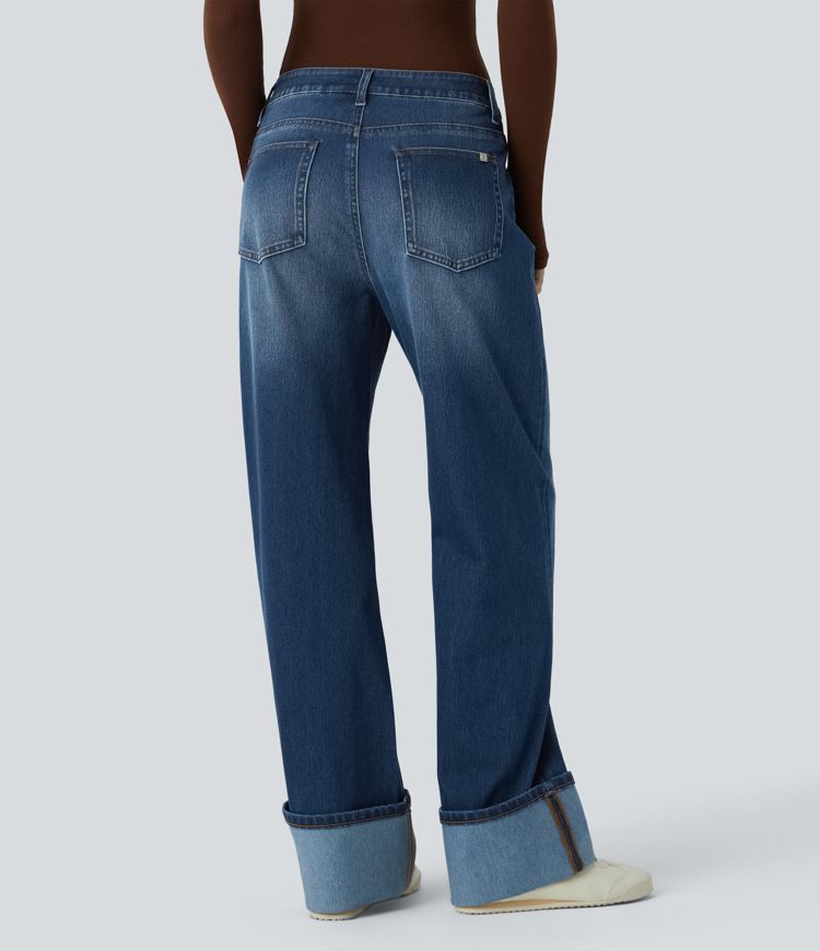 High-Waisted Wide-Leg Jeans | Medium Blue | Rolled Hem Style