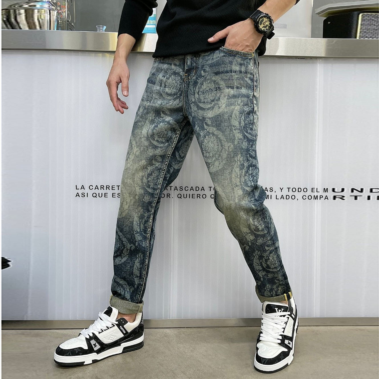 Patterned Distressed Jeans | Abstract Print | Tapered Fit