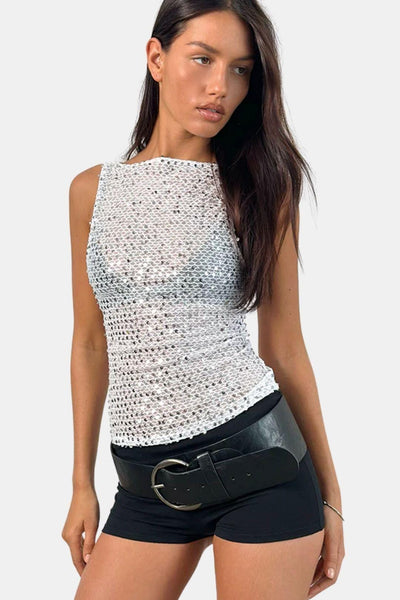Ada - Silver Sequin Knit Vest Top