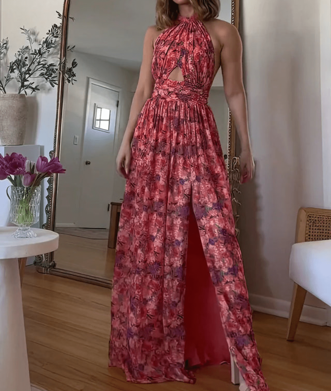 Aegea – Halter Neck Cutout Maxi Dress in Red